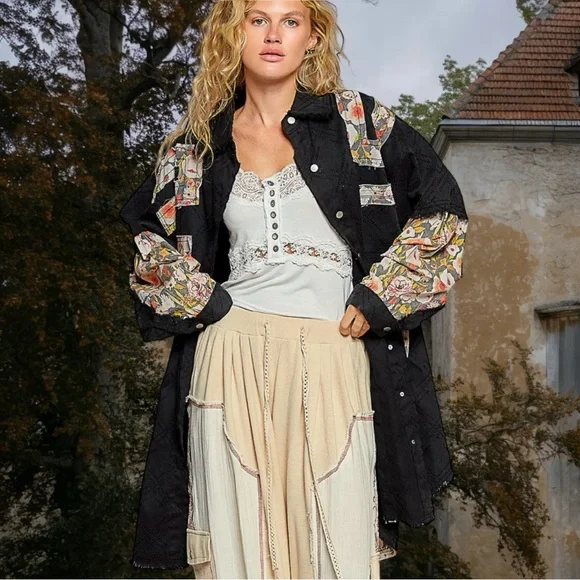 POL OVERSIZED Twill Shacket with Floral Patches on Black - Picture 3 of 8